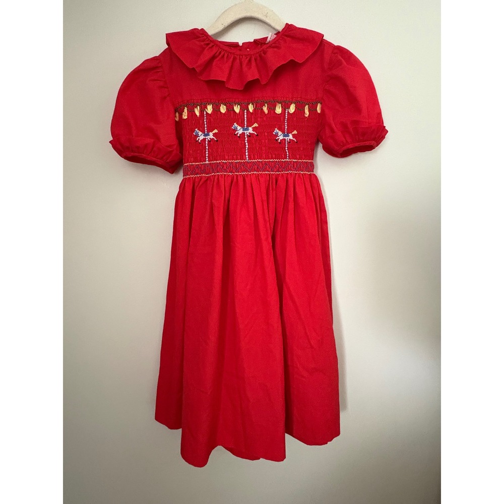 Orient Expressed Girls Red Smocked Carousel Embroidered Horse Dress Size 6